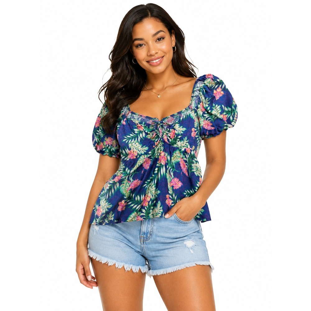 Love Tropical Hibiscus Floral Puff Sleeve Tie Front Smocked Back Top Blue Medium